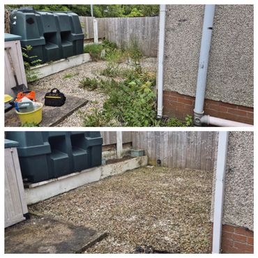 Before and after clearing weeds from a gravel backyard area.