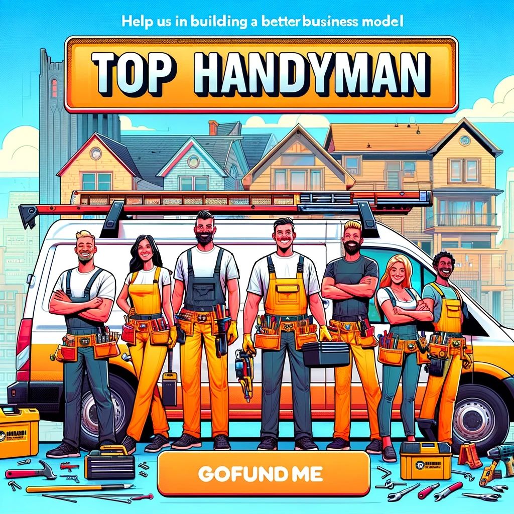 Picture of a group of handy people in front of a van with a go fund me button at the botto