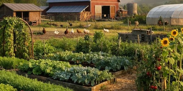 A vibrant farm garden with vegetables, sunflowers, chickens, and a red barn at sunset.