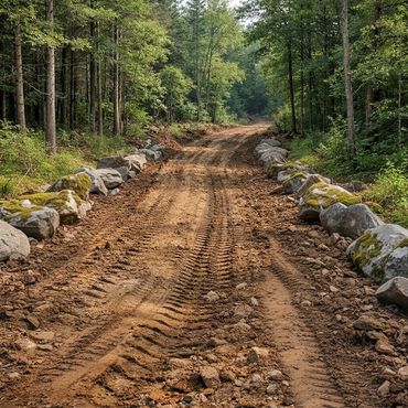 Dirt road with tire tracks and moss-covered rocks on forest edges.