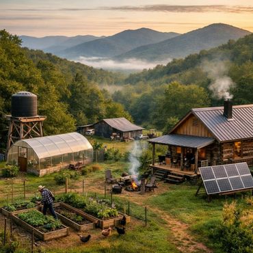 Rustic mountain homestead with garden, solar panels, and cozy firepit at sunset.