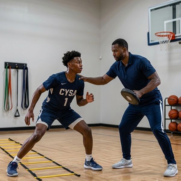 Basketball coach training player on footwork in gym.
