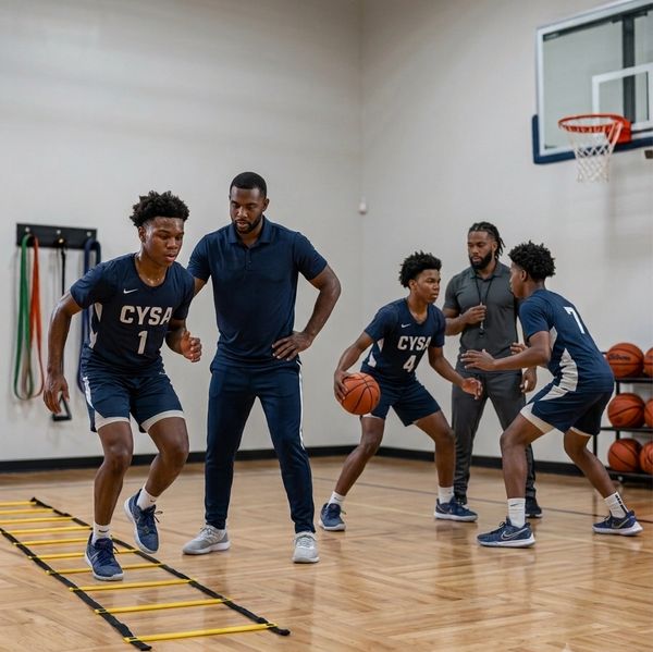 Basketball coach training young players in a gym.