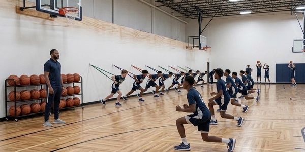 Youth basketball training with resistance bands in a gym.