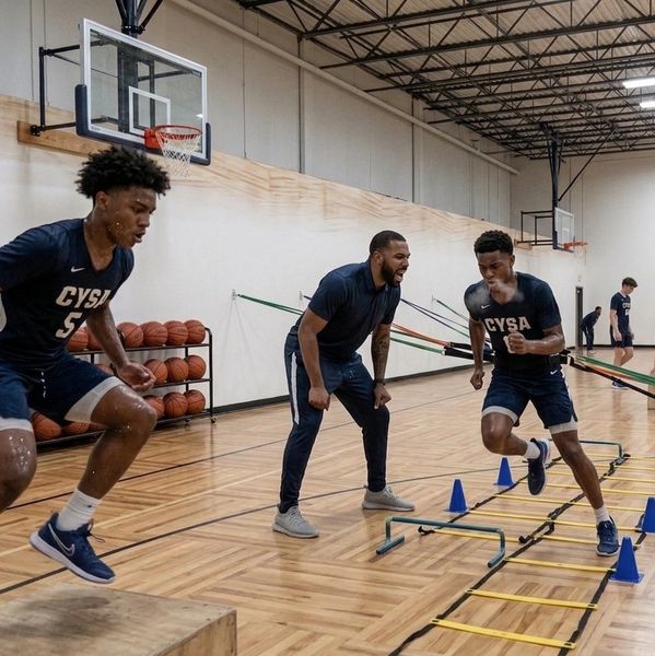 Coach motivating basketball players during agility drill.