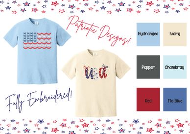 Patriotic embroidered t-shirts with color options and starry border.