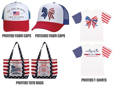 Patriotic foam caps, tote bags, and T-shirts with American flag designs.