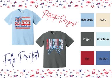 Patriotic-themed T-shirts with vibrant prints and color options.