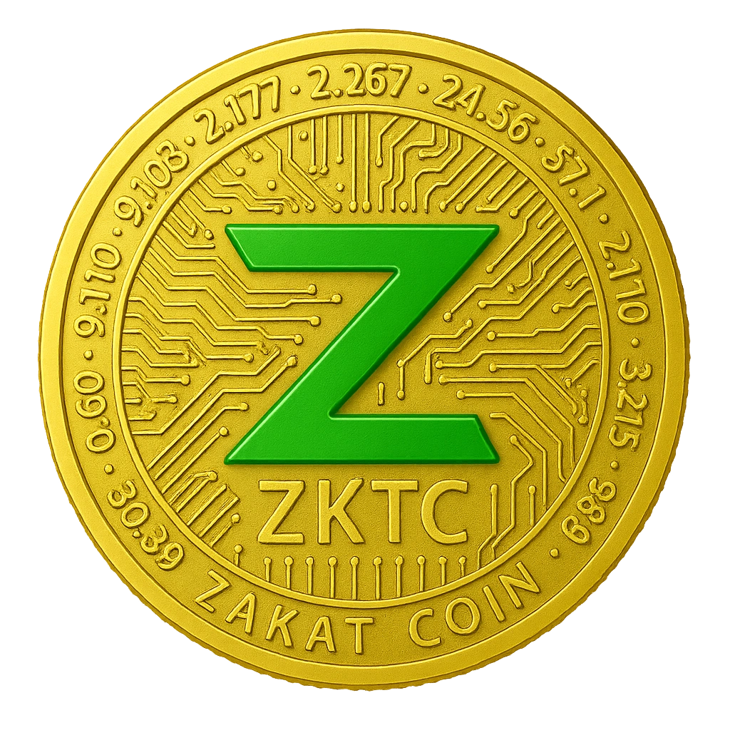 Golden Zakat Coin with green Z and circuit design.