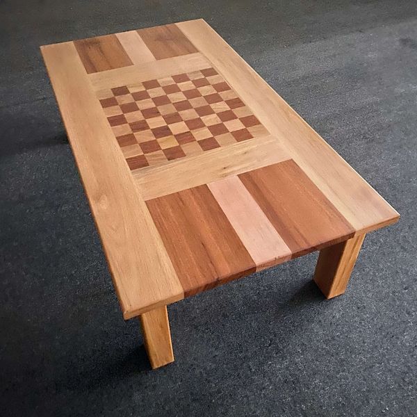 Wooden Oak Coffee Table with Chess Board Inlay strongbarn woodshop