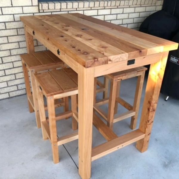 Solid wood macrocarpa outdoor bar leaner and bar stools strongbarn woodshop