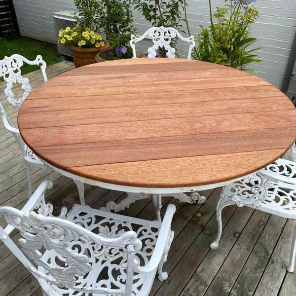 wrought iron garden furniture with Kwila table top strongbarn woodshop