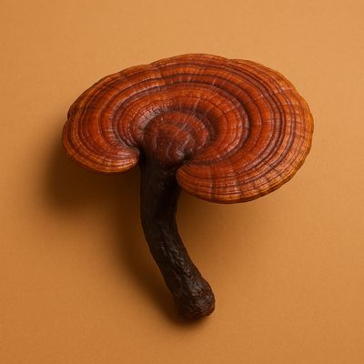 Close-up of a brown reishi mushroom with a textured cap and stem.