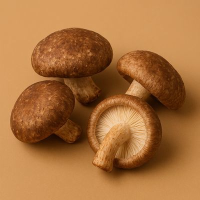 Four fresh brown mushrooms on a beige surface.