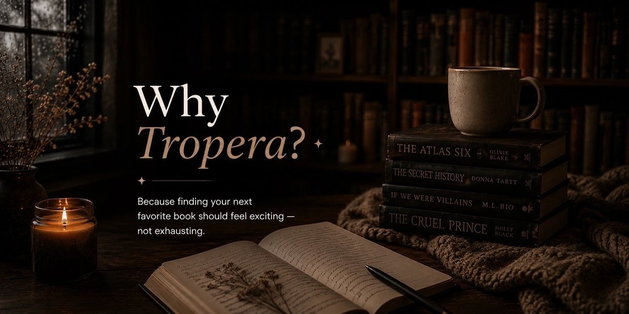 Cozy reading nook with books, a warm candle, and a cup of coffee inviting readers to explore Tropera.