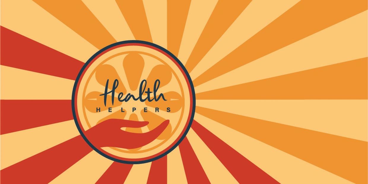A stylized health helpers logo with a hand and citrus slice on a sunburst background.