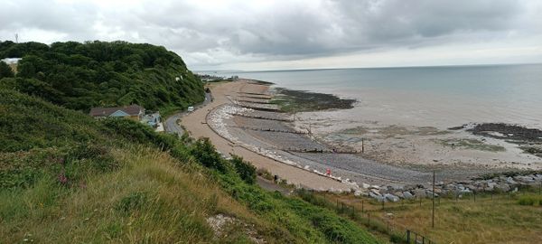 White Cliffs of Dover.Looking back at Kingsdown beach and Deal.Saxon Shore Way.England Coastal Path.