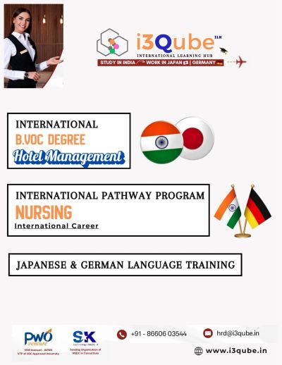 Promotional flyer for i3qube offering international study and work programs in hotel management, nursing, and language training.