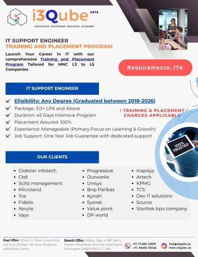 IT Support Engineer Training and Placement Program by i3Qube with 100% placement assurance.