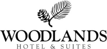 Logo of Woodlands Hotel & Suites with pinecone and leaf design.