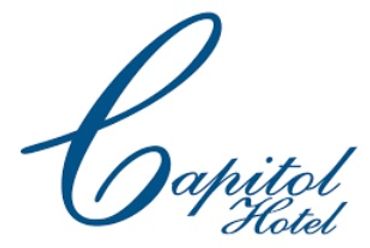 Logo of Capitol Hotel in elegant blue script.