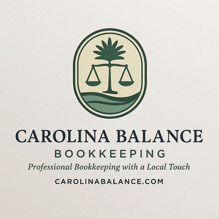 Logo for Carolina Balance Bookkeeping featuring a balanced scale and palm tree symbol.