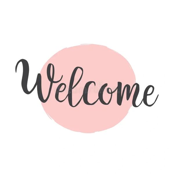 Stylish 'Welcome' text with pink circle background.