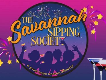 Logo for The Savannah Sipping Society with silhouetted people and cocktails under fireworks.