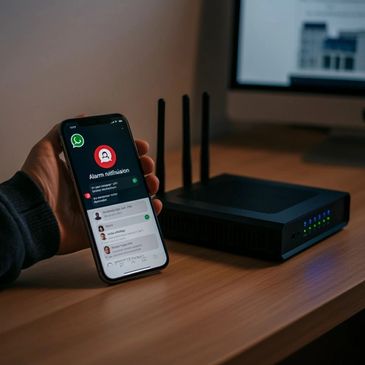 Person holding phone with alarm notification, router on table.