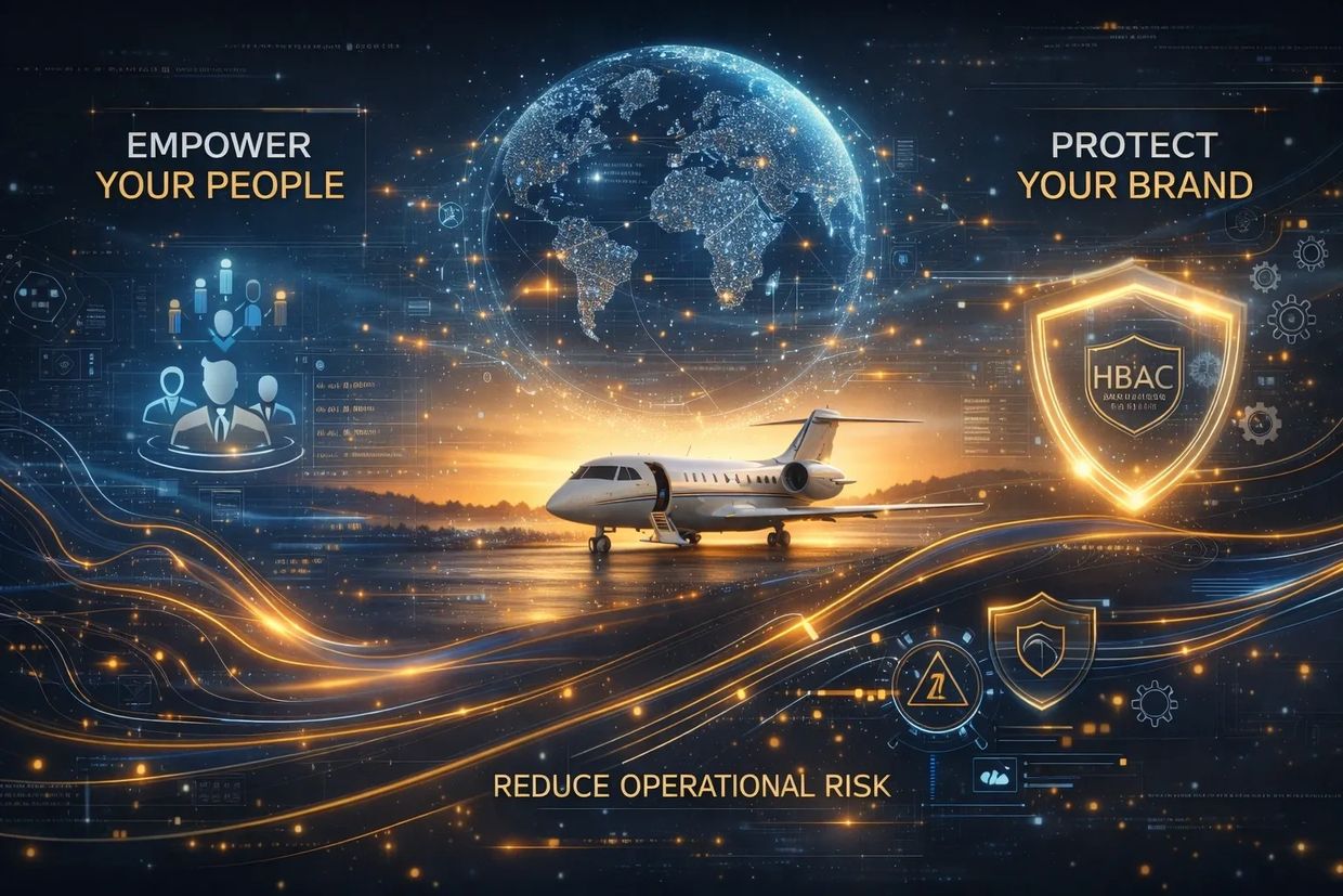 Private jet with futuristic digital interface emphasizing empowerment, protection, and risk reduction.