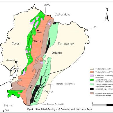 Simplified geological map showing rock types in Ecuador and Northern Peru.