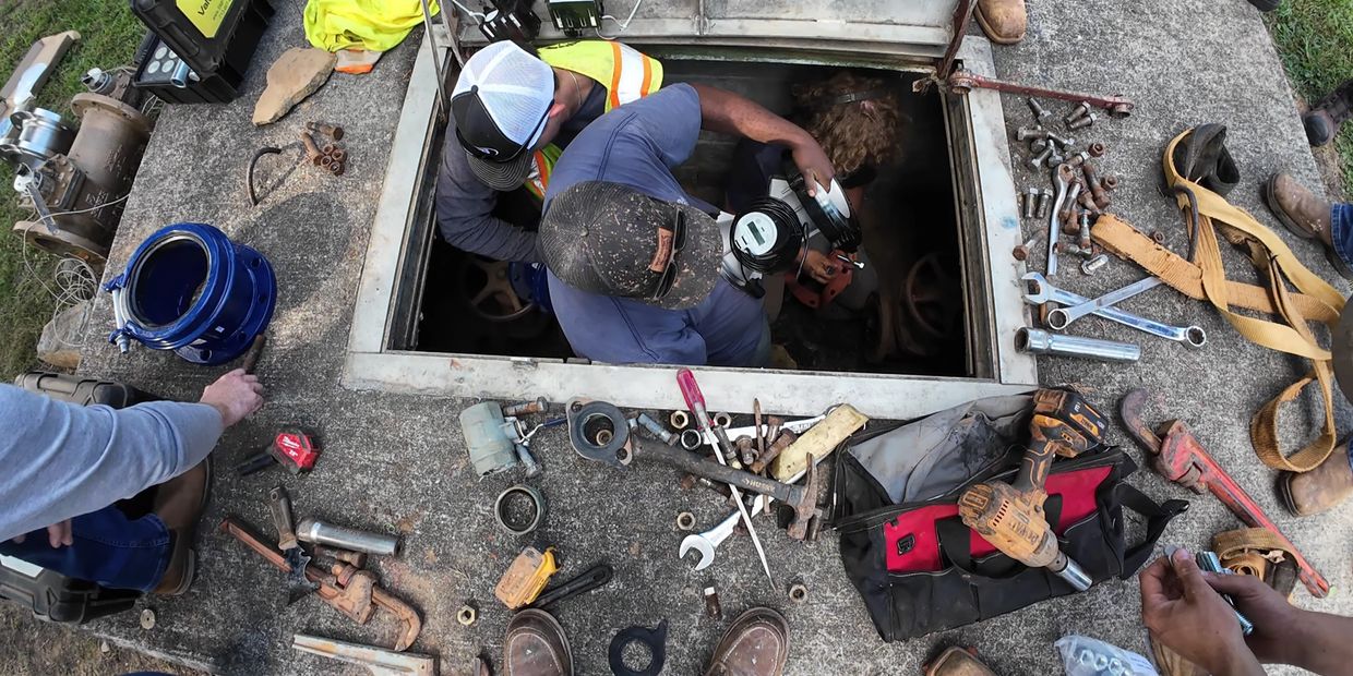 Technicians working inside a manhole surrounded by tools and equipment.