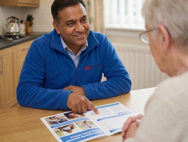 Man explaining brochure to an elderly person.