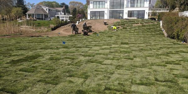 Workers performing sod installation on a large sloped backyard, laying fresh turf in front of home.