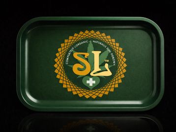 Green tray with a cannabis-themed logo and text.