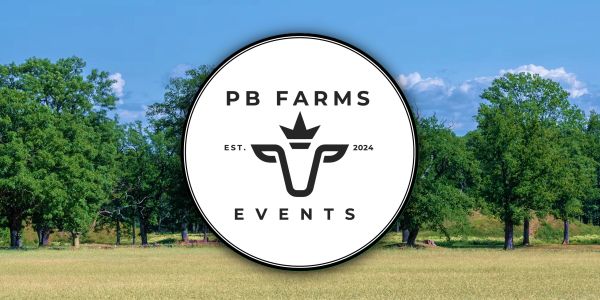 Logo for PB Farms Events with trees and field background.