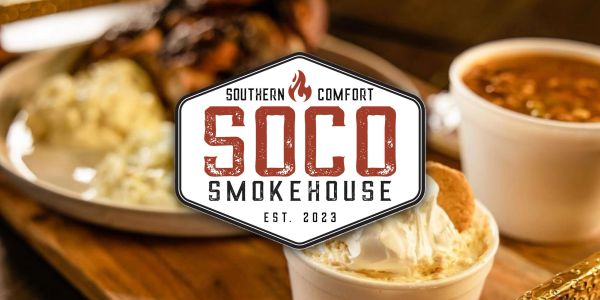 Southern Comfort Smokehouse logo with food background.