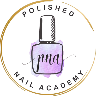 Logo of Polished Nail Academy with a nail polish bottle and elegant text.