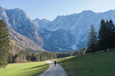Person walking on a path towards mountains.