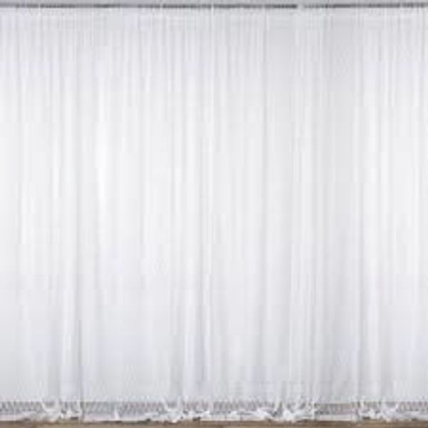 White Sheer Pipe and Drape:
(3) 9FT White Sheer Panels
(2) Pipe and Drape Uprights
(2) Pipe and Drap