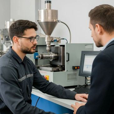 Two engineers discussing data near industrial machinery and computer.