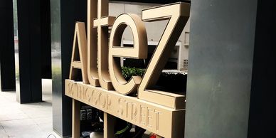 Freestanding pylon signage structure. Edge and Front lit led with Powder Coated finish. Sign