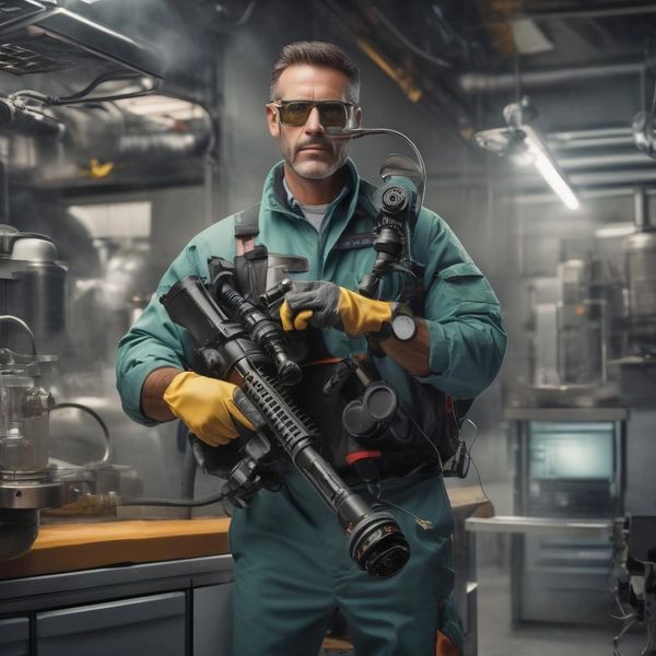 Man in protective gear holding a futuristic weapon in an industrial setting.