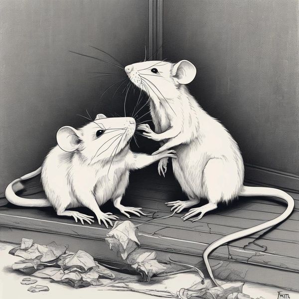 Two white mice touching each other on wooden steps with scattered leaves.