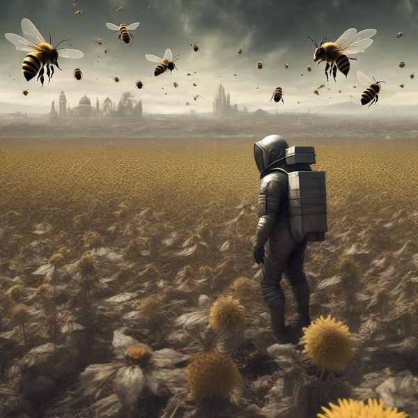 Astronaut stands in a field of withered flowers surrounded by giant bees under a stormy sky.