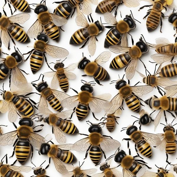 Close-up of numerous bees with yellow and black stripes on a white background.