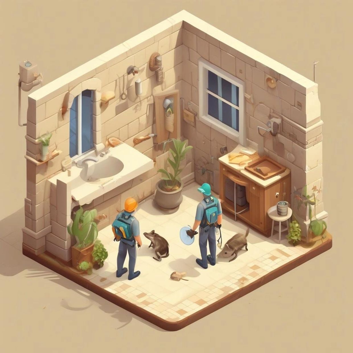 Two pest control workers inspecting a bathroom with rats inside.