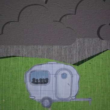 A cartoon of a caravan on a wet day - where our family created the fun game, Canine Kleptomaniacs.