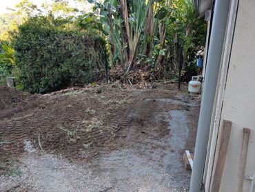Backyard area with fresh soil and tropical plants near a house.