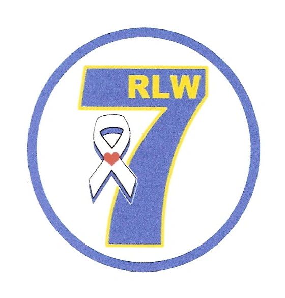 Blue number 7 with RLW letters and a white ribbon with a heart inside a blue circle.
